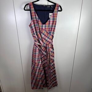 NWT Ralph Lauren Womens‎ 12 Cotton PlaidA-Line Midi Dress Belt Academia Feminine
